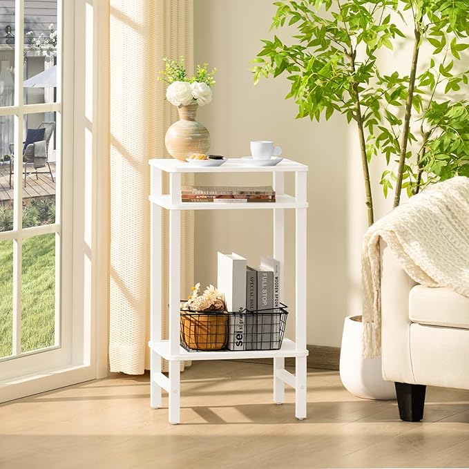 Side Table End Table Tall Night Stand 3-Tier for Living Room Bedroom Bathroom Office Furniture White