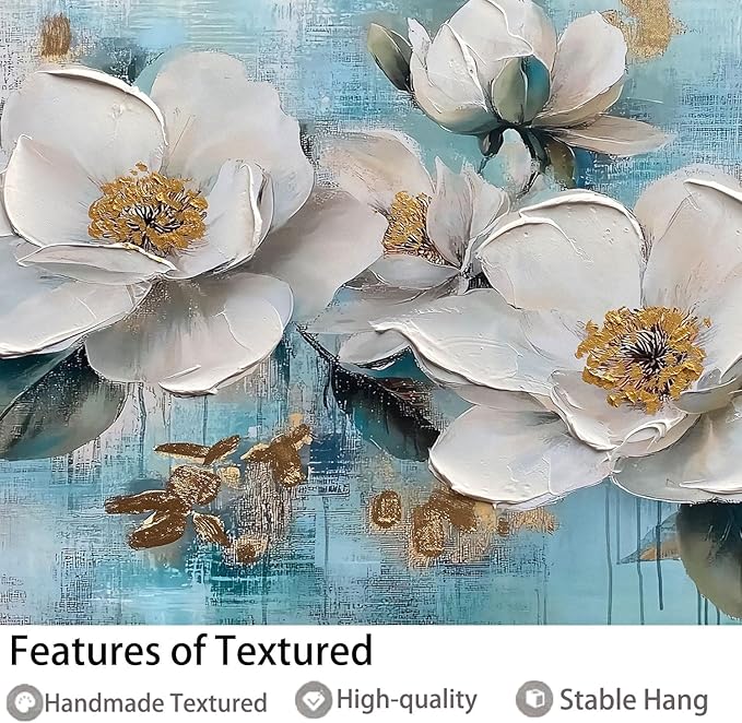 Ardemy Flower Teal Wall Art Framed Canvas for Living Room White Gold Floral Magnolia Canvas Painting, Bedroom Picture Textured Artwork Tranquil Home Office Wall Decor, Extra Large Black Wood 58"x29"