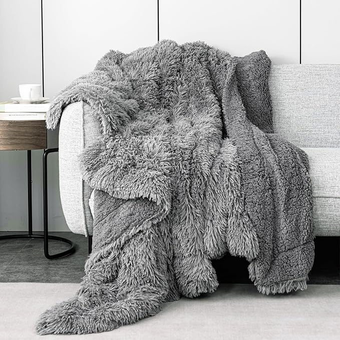 Pawque Sherpa Fleece Blanket Twin Size, Faux Fur Fuzzy Fluffy Blankets for Bed, Cozy Warm Soft Thick Plush Grey Decor for Winter Sofa Couch, 60x80 inches
