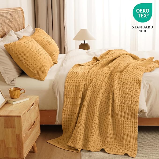 PHF 100% Cotton Waffle Weave Throw Blanket, Soft Lightweight Breathable Cozy Throws for Couch Bed Sofa, Luxury Aesthetic Blanket Gift for Home Decor & Office, 50"x60", Pumpkin Orange