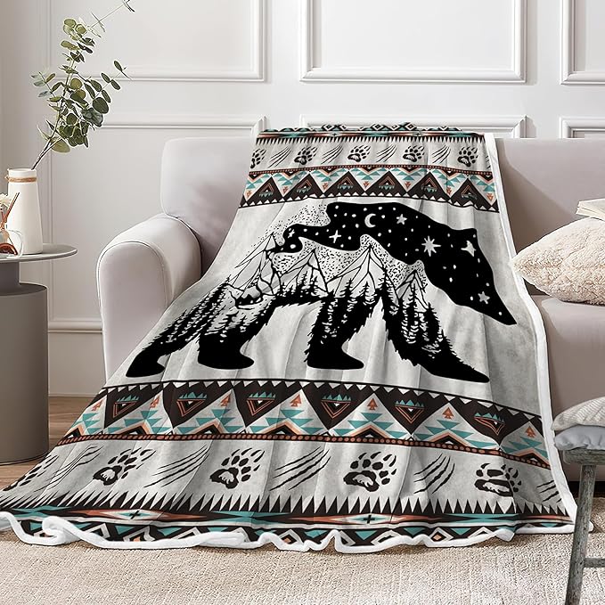 Rustic Cabin Throw Blankets, Hunting Camping Cozy Warm Bed Couch Blanket, Rustic Bear Moose Forest Vintage Western Decor Theme Fleece Flannel Throws to Decorate the Room and Bedroom 60X70IN（Grey）