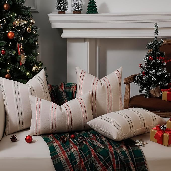 Hckot Spring Decorative Pillow Covers 18x18 Striped Throw Pillows Textured Linen Green Pillow Covers Farmhouse Decor Cushion Covers for Couch Bed Living Room,Sage Green