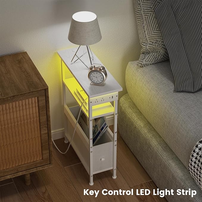 Narrow Bedside Table with Charging Station and LED Light, Skinny Nightstand with USB Ports & Type-C, End Table with 1 Fabric Drawer, Slim Side Table for Bedroom, Nursery, Living Room, White