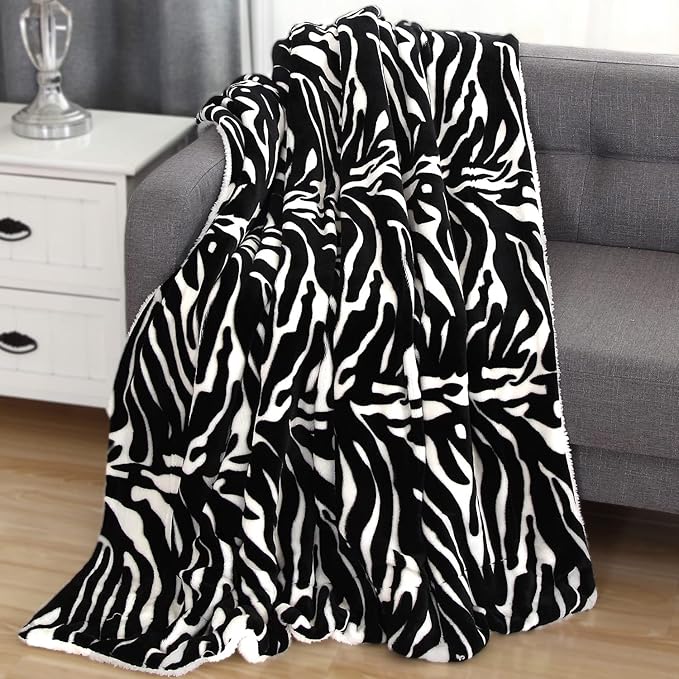 Elegant Comfort Luxury Ultra-Plush Velvet Touch Fleece Throw Soft, Sherpa-Backing Reversible Blanket for Bed, Sofa and Couch, (50 x 60"), Zebra