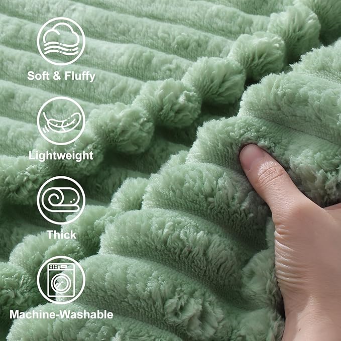 decorUhome Soft Fleece Sage Green Twin Blanket for Bed, Cozy Fluffy Plush Flannel Striped Throws for Couch Sofa, Lightweight Decorative Ribbed Fuzzy Blanket for Woman, 60x80 Inches