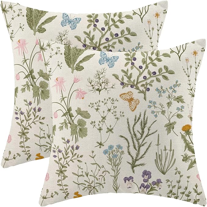 AEIOAE Spring Pillow Covers 18x18 Inch Set of 2,Sage Green Wild Flower Plant Throw Pillows Case,Seasonal Floral Outdoor Decorative Square Linen Farmhouse Decor Cushion Covers for Home Sofa Bed Couch