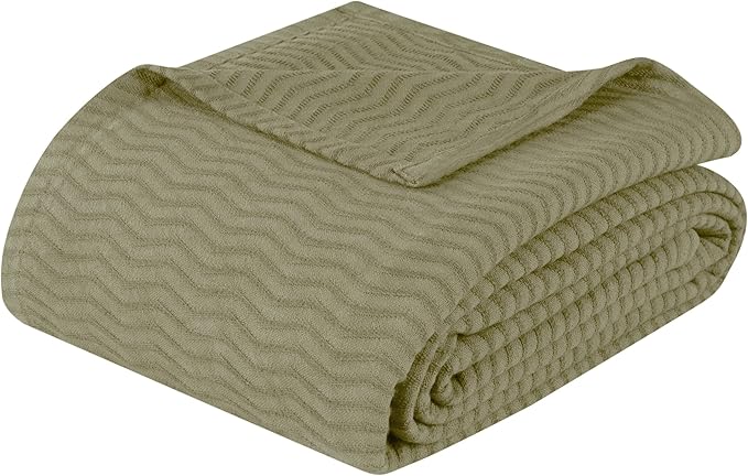 Superior JENA Cotton Blanket, for Picnic, Beach, Traveling or Camping, Bedroom Decor, Essentials, Cover for Bed, Couch, Lounging, Textured Jacquard, Modern Chevron Woven Blanket, Full/Queen, Sage