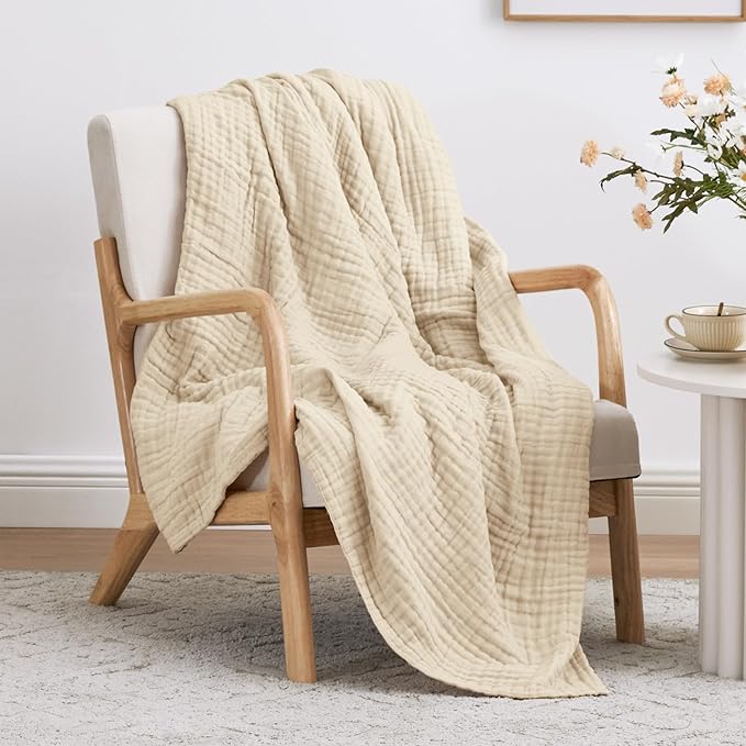Love's cabin 100% Cotton Muslin Blanket, 6 Layer Lightweight Breathable Gauze Large Throw Blanket 50 x 70 Inches, Soft Cooling All Season Blanket for Couch or Sofa, Beige