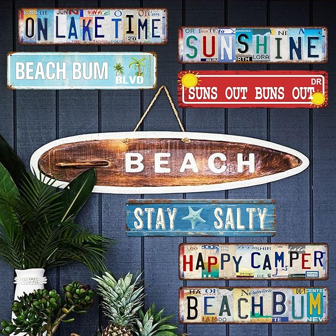Beach Wall Art Coastal Room Decor Vintage Metal Tin Sign Beachy Home Decorations Beach Bum Blvd Signs Beach Metal Poster Retro Bathroom Themed Decor 4x16 Inch