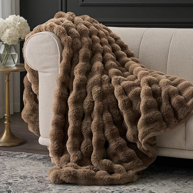 EverGrace Ultra Soft Luxury Fluffy Faux Rabbit Fur Throw Blanket, Thick Warm Bubble Throw for Bed, Cozy Plush Reversible Blankets for Couch, Chair, Sofa, Natural Tan, 60x80 Inches
