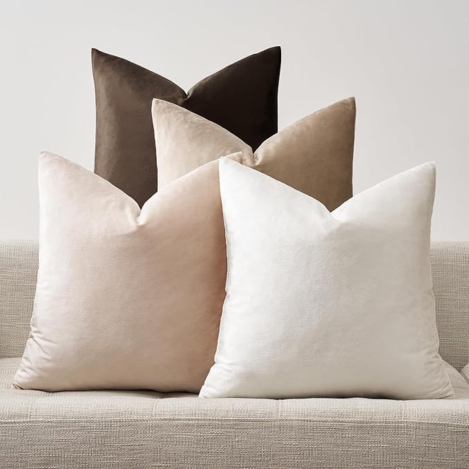 GIGIZAZA Pack of 4 Velvet Pillow Covers - 16x16 Decorative Throw Pillows Soft Couch Cushion Luxury Covers for Bed Living Room Accent Decor Elegant Pillow Cases,Gradient Color Brown