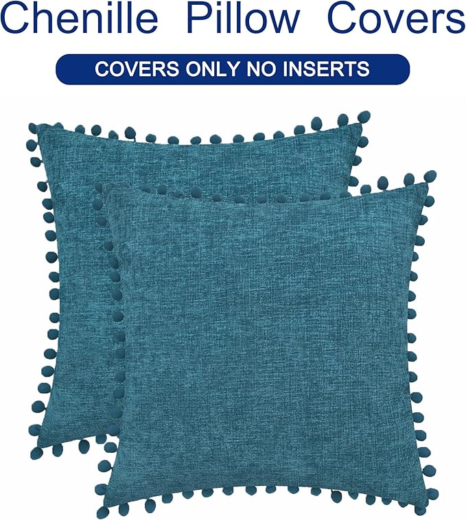 CaliTime Throw Pillow Covers Decorative 16 X 16 Inches Pack of 2 Cozy Solid Dyed Soft Chenille Cushion Cases with Pom Poms for Couch Sofa Bed Living Room Home Ocean Blue