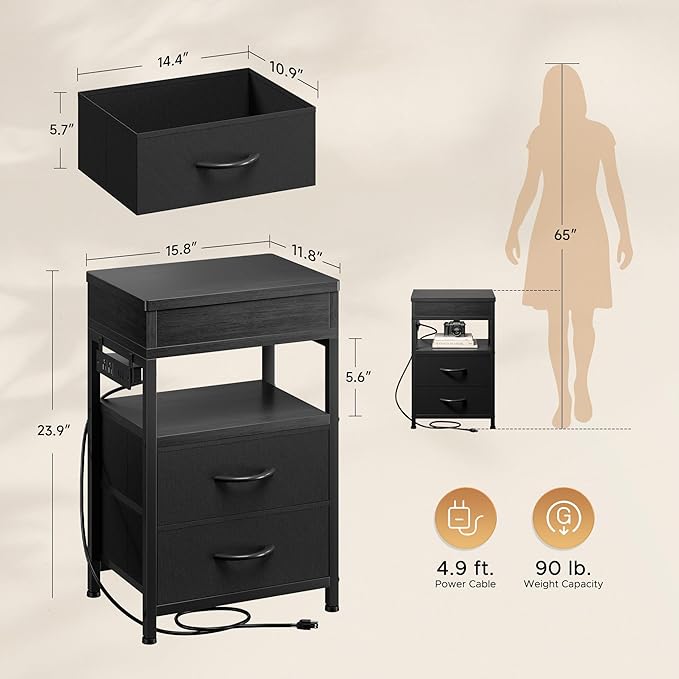 Nightstand Hidden Drawer Charging Table - Night Stand with Charger Station and Sliding Top Storage, Morden Bedside Table with 2 Fabric Drawers, for Dorm Living Room Bedroom, Black