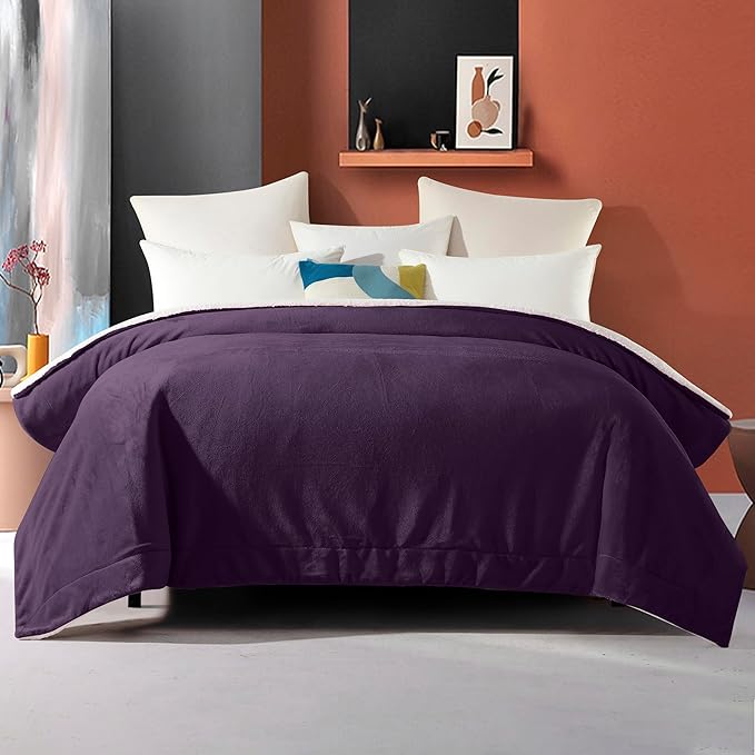 Elegant Comfort Ultra Soft Reversible Flannel Sherpa Blanket - Cozy Silky Fleece Throw for Couch, Bed - Plush Fuzzy Warm Winter Blanket for Gift, King, Purple