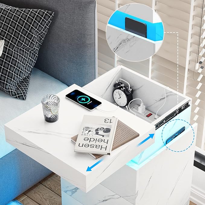 ADORNEVE Nightstand with Charging Station and LED Lights,Night Stand with Sliding Top for Bedroom,Bedside Table with Drawers,Modern End Side Table,White Marble