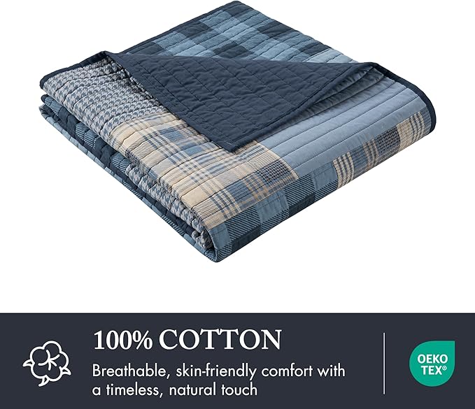 Woolrich Reversible 100% Cotton Throw Cabin Lifestyle Plaid Design - All Season, Breathable, Lightweight, Luxe Double Sided Quilting for Bed, Couch, and Sofa Winter Hills, Tan 50"x70"