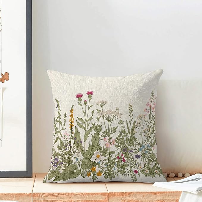 AEIOAE Sage Green Pillow Covers 16x16 Inch Set of 2, Spring Wildflower Plant Throw Pillows Case,Seasonal Floral Outdoor Decorative Flowers Farmhouse Decor Cushion Covers for Home Sofa Bed Couch