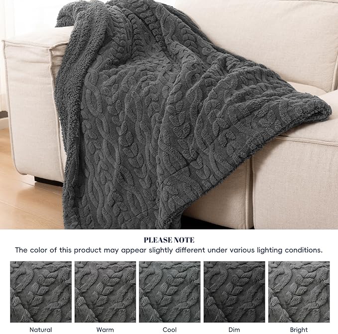 PHF Fluffy Sherpa Blanket Twin Size for Winter, Warm and Soft, 510GSM 3D Jacquard Thick Shaggy Fleece Plush Blanket for Sofa Bed, Dark Grey, 60"x80"
