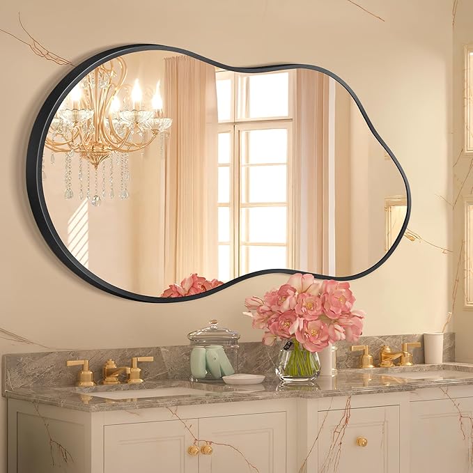 Irregular Wall Mirror - Wall Mirrors Decorative 20"x36" Black Asymmetrical Mirror Tempered Glass Aviation Aluminum Alloy Frame for Bathroom, Bedroom, Living Room, Cloakroom, Entryway