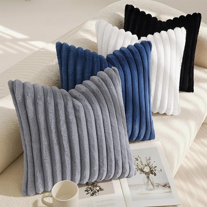 decorUhome Cozy Faux Fur Throw Pillow Covers 12x20 Set of 2 Decorative Soft Plush Striped Lumbar Modern Farmhouse Boho Couch Pillow Cases with Velvet Back for Sofa Bed Living Room, Grey