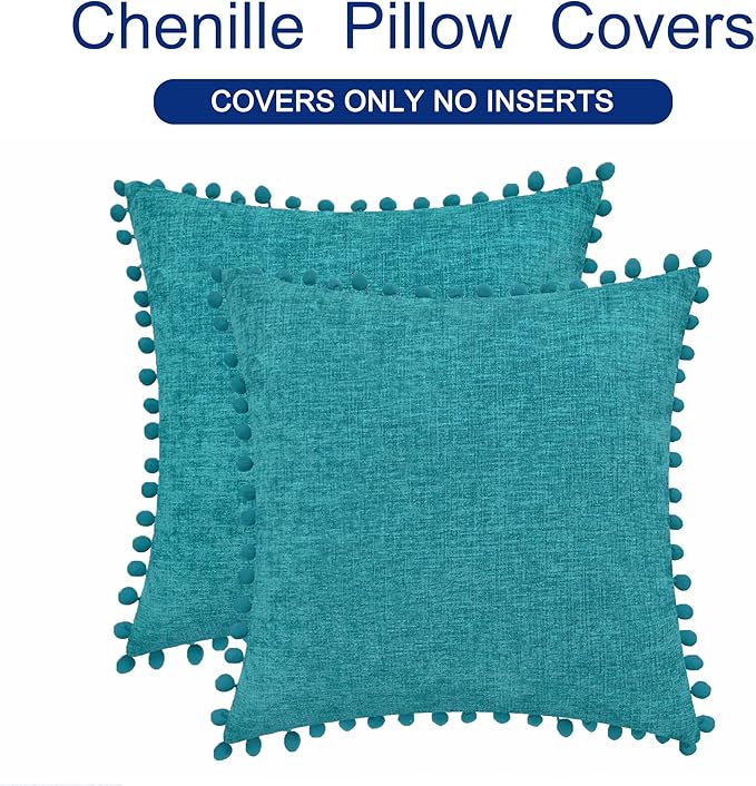 CaliTime Throw Pillow Covers Decorative 18 X 18 Inches Pack of 2 Cozy Solid Dyed Soft Chenille Cushion Cases with Pom Poms for Couch Sofa Bed Living Room Home Lake Blue