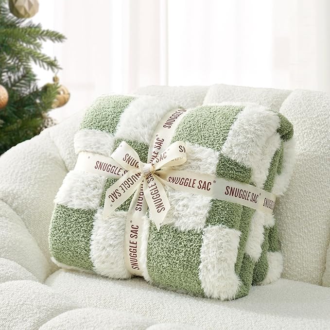 Snuggle Sac Sage Green Checkered Throw Blanket Faux Fur Knitted with Microfiber Yarn, Cozy Soft Warm Spring Blankets for Couch,Sofa,Bedroom,Sage Green Checker,50x60 inches