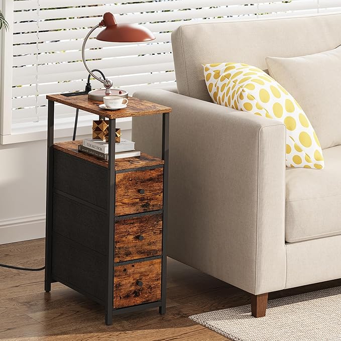 TUTOTAK Narrow Night Stand with Charging Station, Slim End Table with Plugins, Tall Side Table with 3 Fabric Drawer, Small Bedside Table with Storage, Set of 2, Living Room, Bedroom, Brown TB01BB073