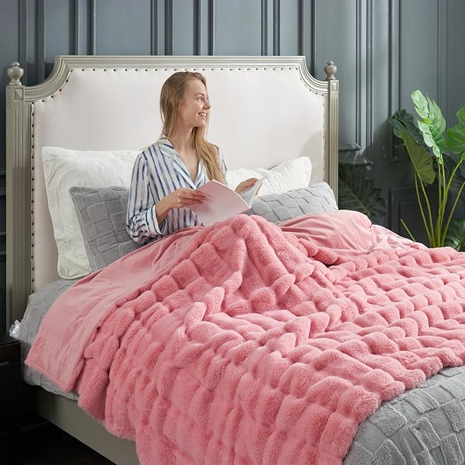 Cozy Bliss Deluxe Sheared Rabbit Faux Fur Throw Blanket, Soft Fuzzy High-Low Sculpted Plush Blanket for Couch, Cozy Home Accent, All Season Use, Pink 90"x90"
