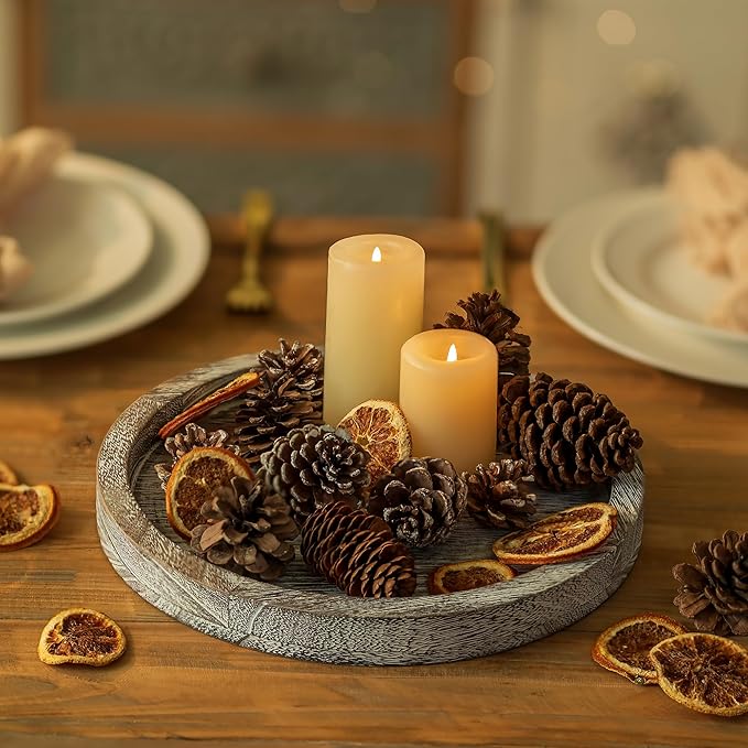 Hanobe Candle Plate Holder Tray: Decorative Wooden Tray Rustic Round Plate Farmhouse Centerpiece Small Candle Holder Trays for Coffee Table Living Room Kitchen Vintage Home Decor