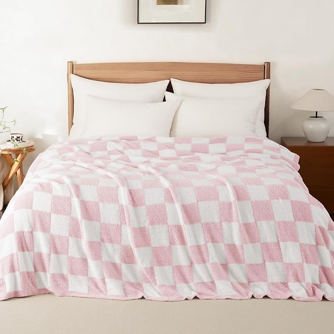 Whale Flotilla Checkered Knit Blanket Twin Size, Ultra Soft Warm Reversible Cozy Decorative Blankets for Couch Sofa and Bed, 60x80 Inch, Pink