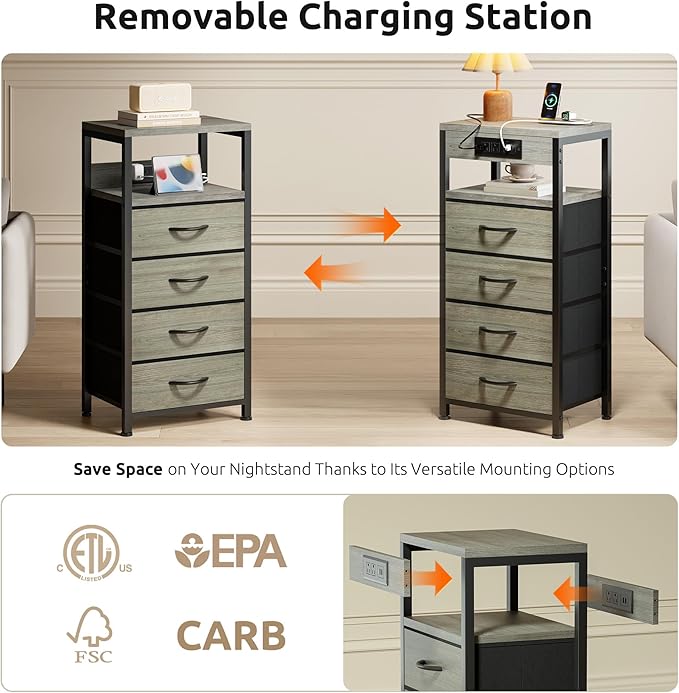 NightStand Bedside Charging Table Bedroom - Night Stand with Charger Station, Modern Nightstand with Open Shelf & 4 Fabric Drawers, End Table with USB-C USB Ports & AC Outlets for Dorm, Grey