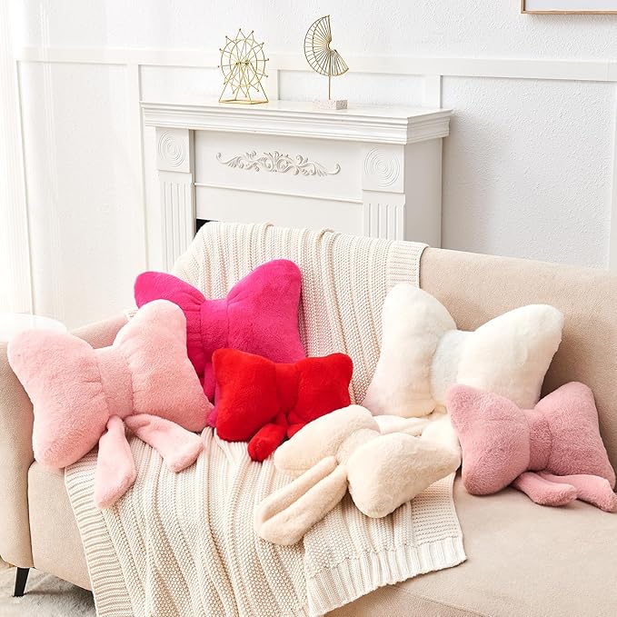 Dusty Pink Bow Pillow,16'' Bow Decorative Pillows with Faux Rabbit Fur,Soft Bow Throw Pillows Aesthetic Bow Shaped Pillow for Bed Sofa Couch Home Decor