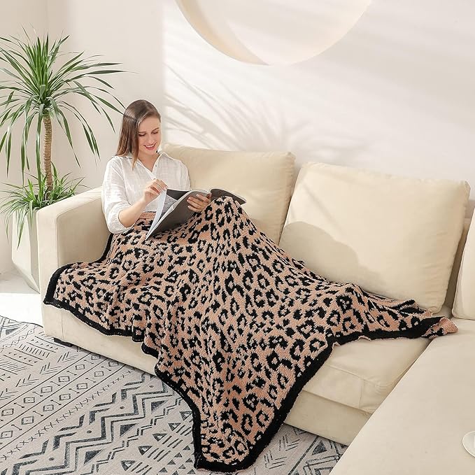 bearberry Fuzzy Leopard Knitted Throw Blanket Soft Cozy Warm Microfiber Blanket for Couch Sofa Bed Travel (Leopard, 40"x50")