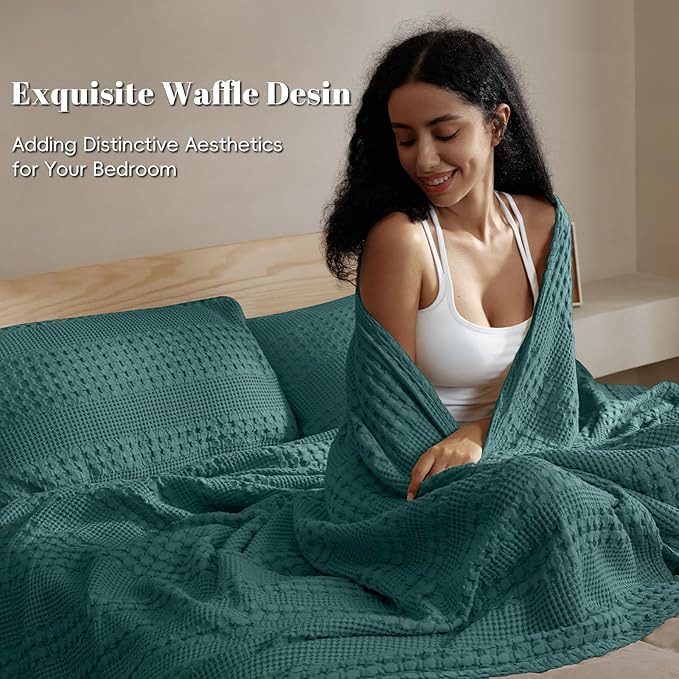 PHF 100% Cotton Waffle Weave Blanket King Size for Bed, Soft Lightweight & Breathable for Spring and Summer, All-Season Comfort, Luxury Aesthetic Blanket for Home Decor, 108"x90", Teal
