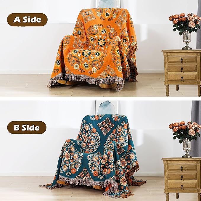 Boho Large Throw Blanket, 100% Organic Muslin Cotton Breathable Soft Bed Throw - Floral Farmhouse Decor Blanket for Sofa Couch Chair and Gift. 80" x 90"- Orange