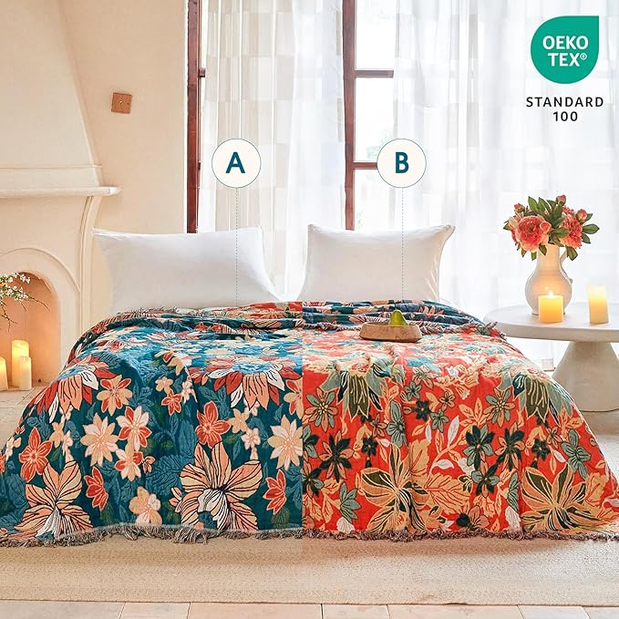 Boho Throw Blanket - 100% Cotton Ultra Soft Muslin Blanket, 90"x108" Lightweight Floral Framhouse Bedding Spring Blanket for Bed, All Season Green Bohemian Bedroom Home Decor Quilt