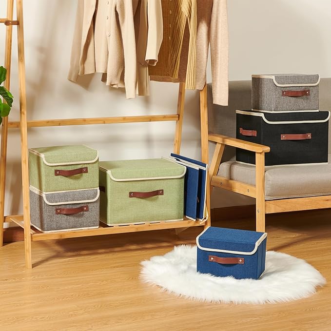 Storage Boxes with Lid Cotton Linen Fabric Storage Bins Organizer Container Decorative Collapsible Washable Shelf Baskets Faux Leather Handles for Home Bedroom Closet (Gray, Small Size)