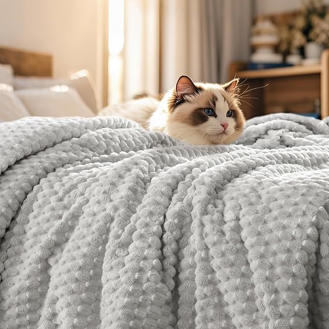 PHF Ultra Soft Flannel Fleece Throw Blanket, Lightweight 3D Jacquard Fleece Blanket, No Shedding, No Pilling, Luxury 340GSM Aesthetic Fluffy Cozy Throws for Couch Room Decor, 50"x60", Light Grey