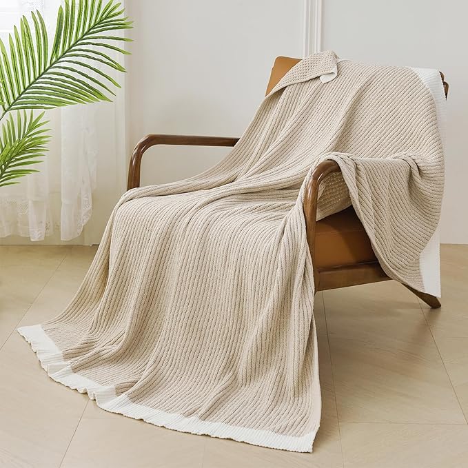 SeaRoomy Knit Throw Blanket,Super Soft Cozy Reversible Waffle Blanket,Warm Fluffy Fuzzy Plush Lightweight Double-Side Blanket for All Seasons for Couch,Sofa,Bed (Solid-Khaki,50"x70")