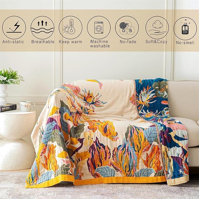MSGKV 100% Cotton Throw Blanket for Bed Couch Fall 90''x 98'' Super Soft Muslin Blankets Warm Boho Quilt Lightweight Farmhouse Decorative Bed Blankets