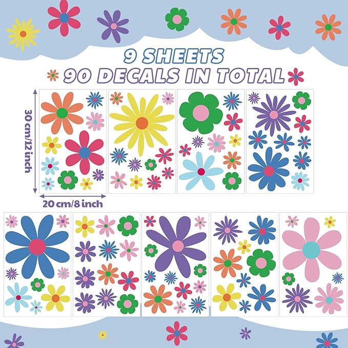 Kisston 90 Pcs Daisy Wall Decal Alphabet Vinyl Wall Decals Boho Decal Daisy Stickers Boho Groovy Floral Stickers for Nursery Art Bedroom Classroom(Bright)
