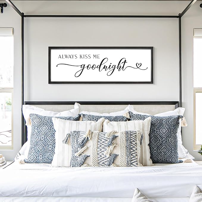 Always Kiss Me Goodnight Wall Sign 42''×15'' Large Above Bed Wall Decor Bedroom Sign Bedroom Decor with Solid Wood Framed, Couples Love Theme Wall Decor (Black)