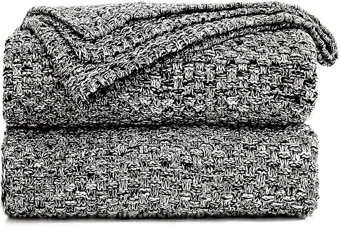 Longhui bedding Black Knitted Throw Blanket for Couch, Soft, Cozy Machine Washable 100% Cotton Sofa Cable Knit Blankets, 4.0lb Weight, 60 x 80 Inches Oversized, Black White Color