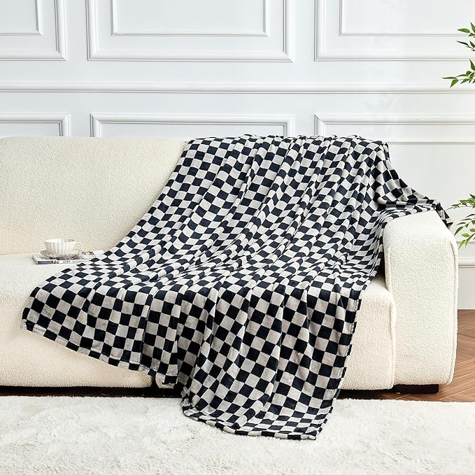 FY FIBER HOUSE Checkered Flannel Fleece Throw Blanket King Size Soft Cozy Checkerboard Grid Print Chessboard Pattern Blankets for Bed Couch Sofa, 90"x108", Black Grey