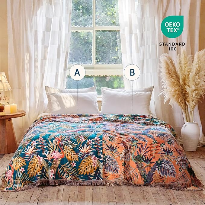 Boho Throw Blanket - 100% Cotton Ultra Soft Muslin Spring Blanket, 50"x60" Lightweight Floral Bird Framhouse Bedding Blanket for Bed, All Season Blue Bohemian Bedroom Home Decor Quilt