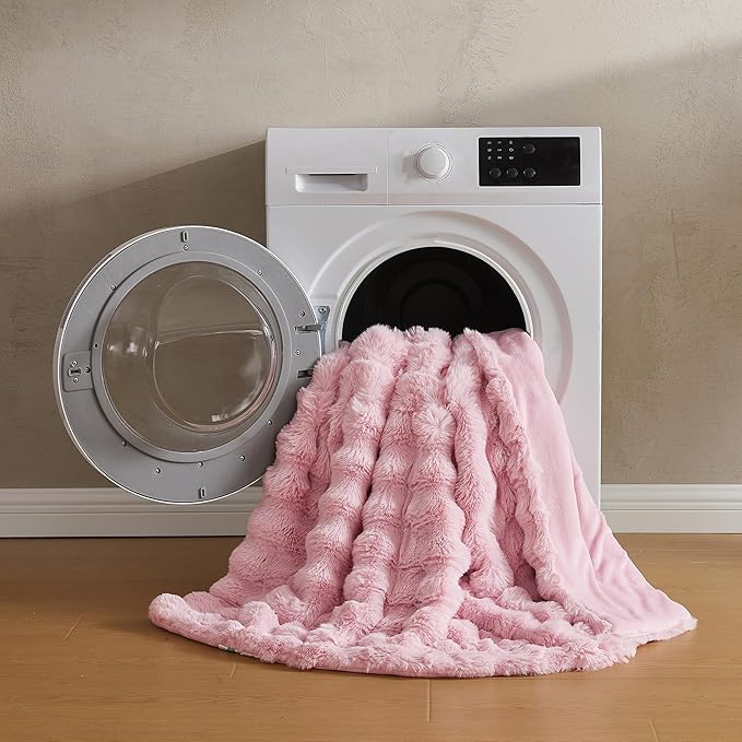 JELLYMONI Faux Fur Throw Blanket, Pink Throw Blanket for Couch, Fuzzy Cozy Plush Bubble Bed Blanket, Thick and Warm Blanket, Throw (50" X 60")
