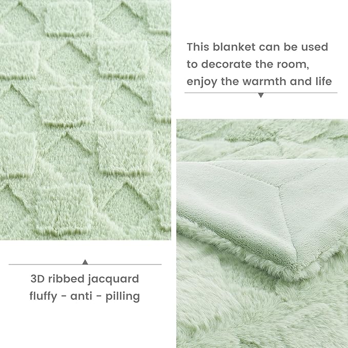 Cozy Bliss Faux Fur Textured Throw Blanket for Bed Super Soft Fuzzy Checkered Couch Blanket Gift for Women Premium 3D Jacquard All Season Use Sage Green Geom 60"*80"