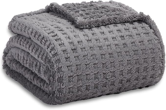 Soft Cozy Fuzzy Fleece Throw Blanket, Waffle Light Grey, 50x60 Inches – Lightweight, Fluffy, and Warm 3D Jacquard All-Season Blanket for Couch, Bed, Sofa, Home Decor, Camping, and Travel