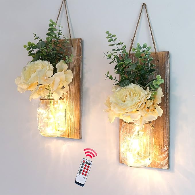 Besuerte Wall Sconces Set of 2 with Remote, Farmhouse Wood Wall Art Decor for Home Living Room Bedroom Decorations with Rose Bouquet Flowers and LED Fairy Lights (Large Brown)
