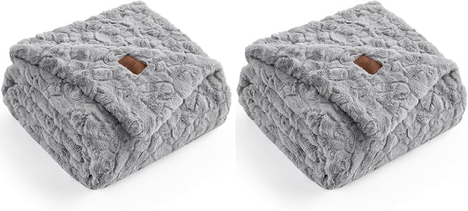 Cozy Bliss Faux Fur Throw Blanket for Couch, Fuzzy Soft Plush Thick Warm Fluffy Reversible Wave Textured Blanket for Sofa Bedroom Living Room, 55 * 70 Inches Grey (Pack of 2)